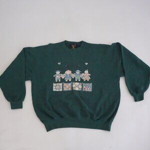 Vintage Green Soffe Sweatshirt Rag Doll Folksy Patchwork Hearts Graphic XL